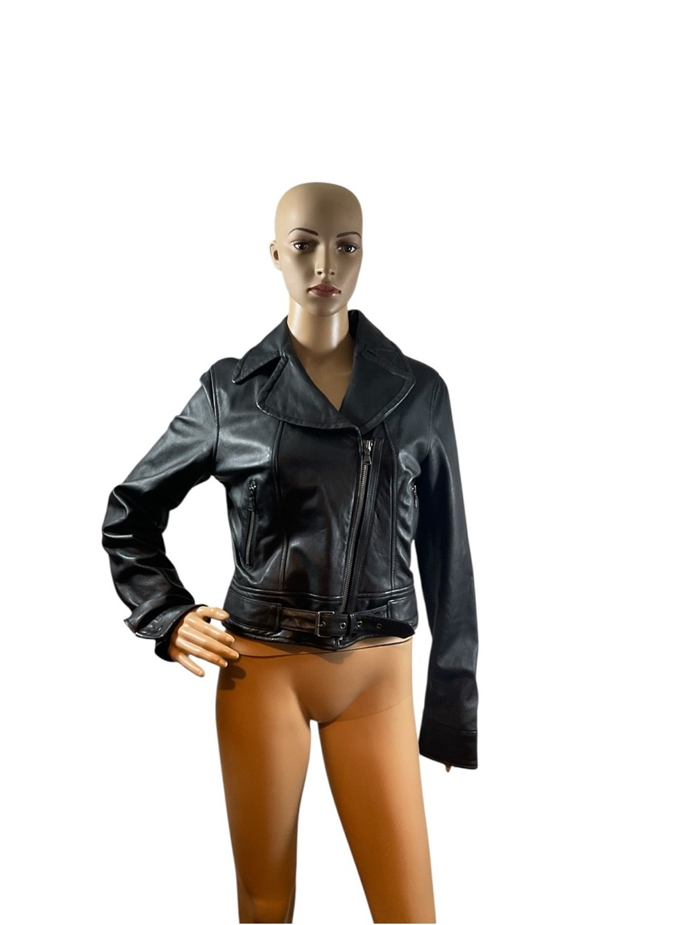 Express Black Leather Moto Jacket with Asymmetric Zip and Belt